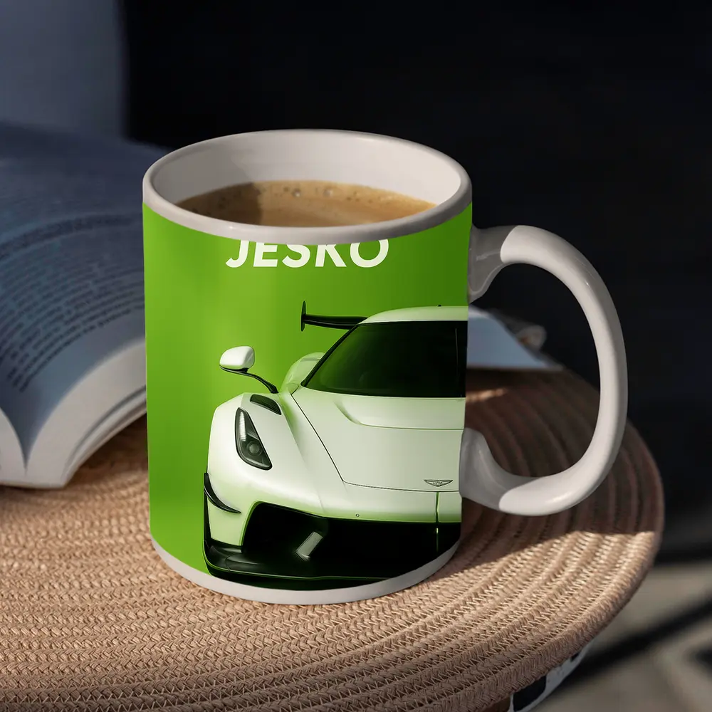 Koenigsegg Jesko White Supercar Green Background – Mugs