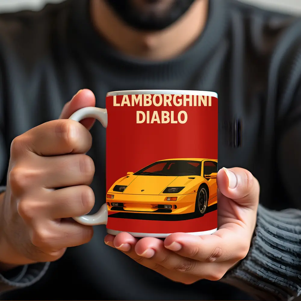 Lamborghini Diablo Yellow On Red Background – Mugs