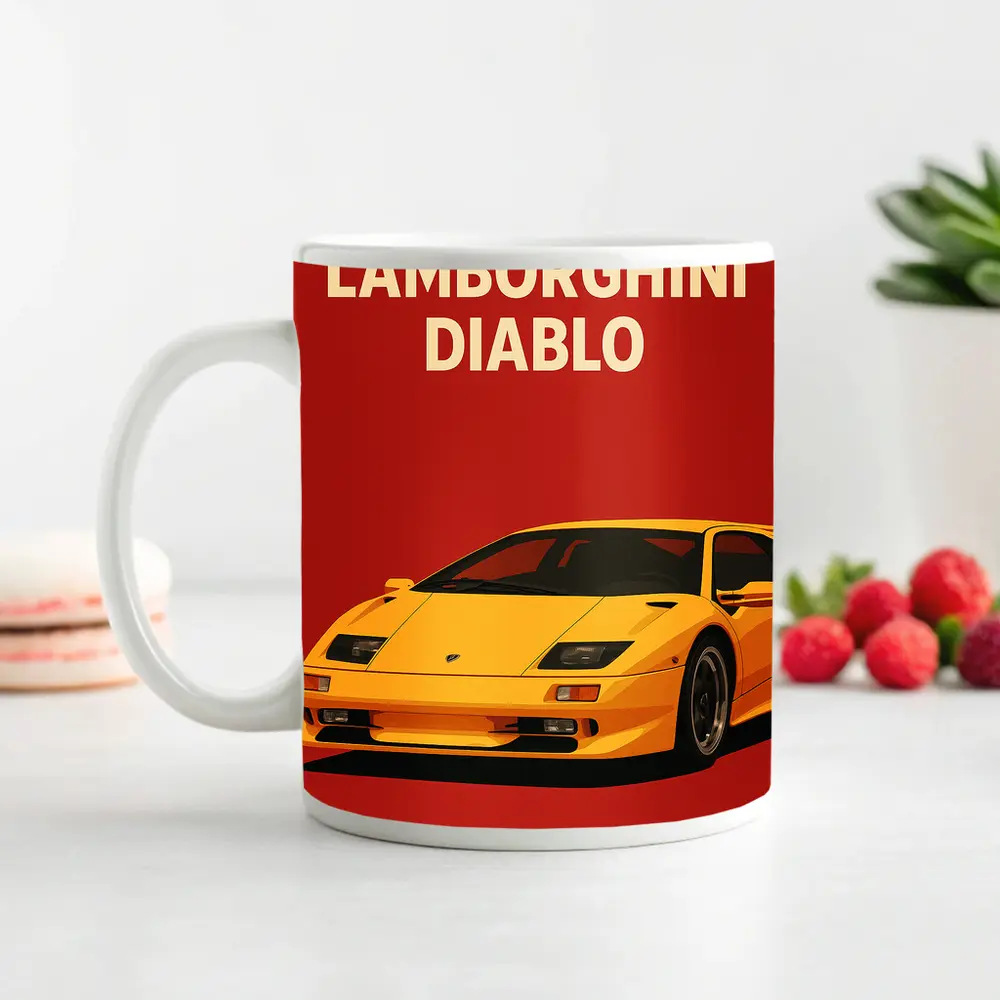 Lamborghini Diablo Yellow On Red Background – Mugs