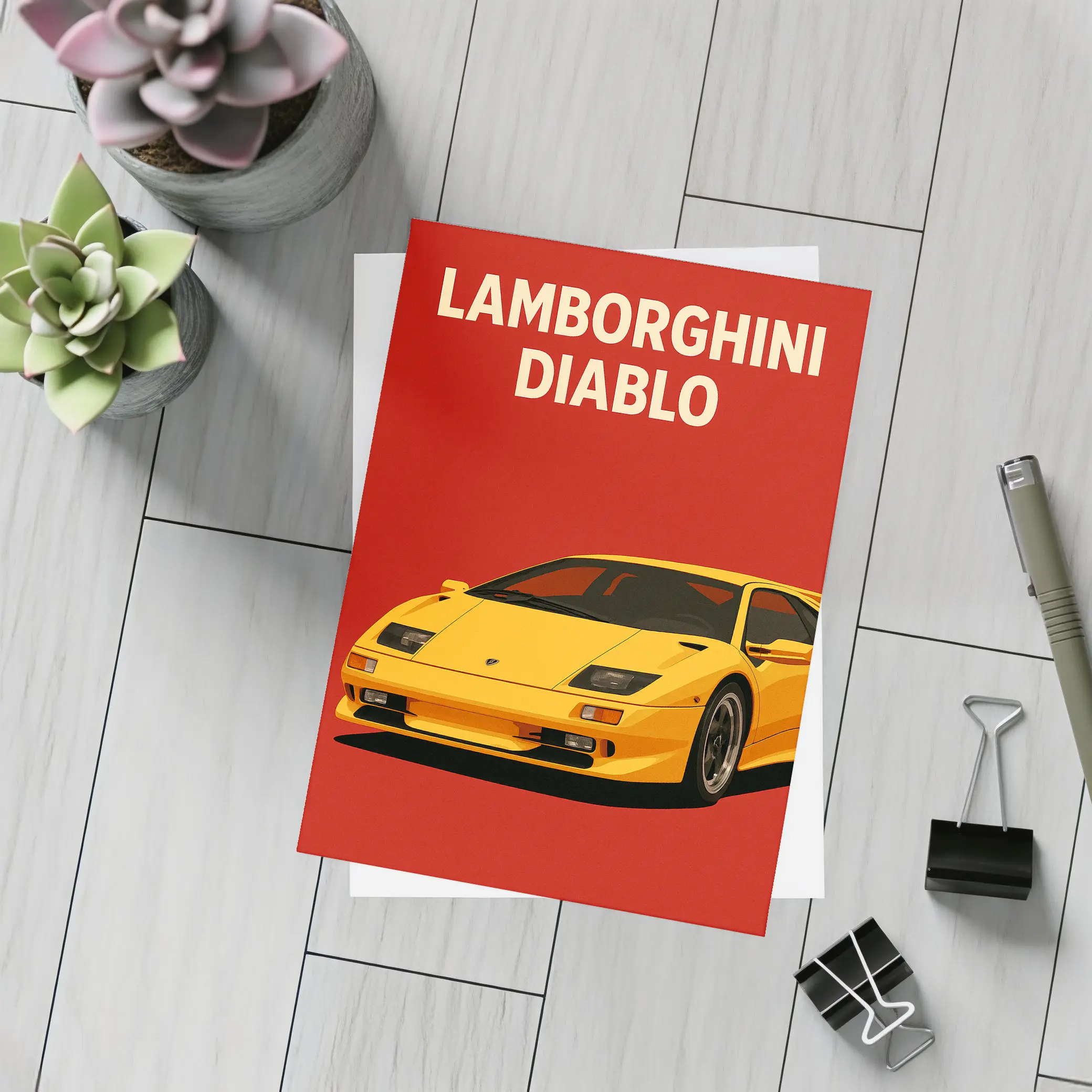 Lamborghini Diablo Yellow On Red Background – Postcards