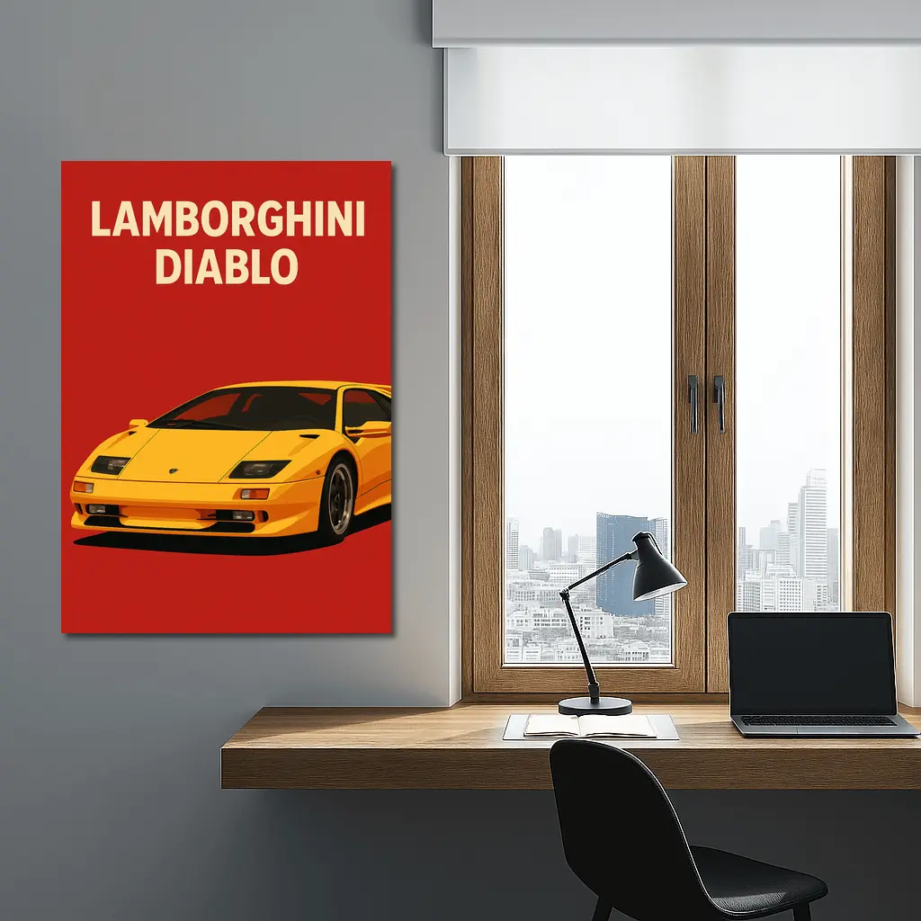 Lamborghini Diablo Yellow On Red Background – Wall Art