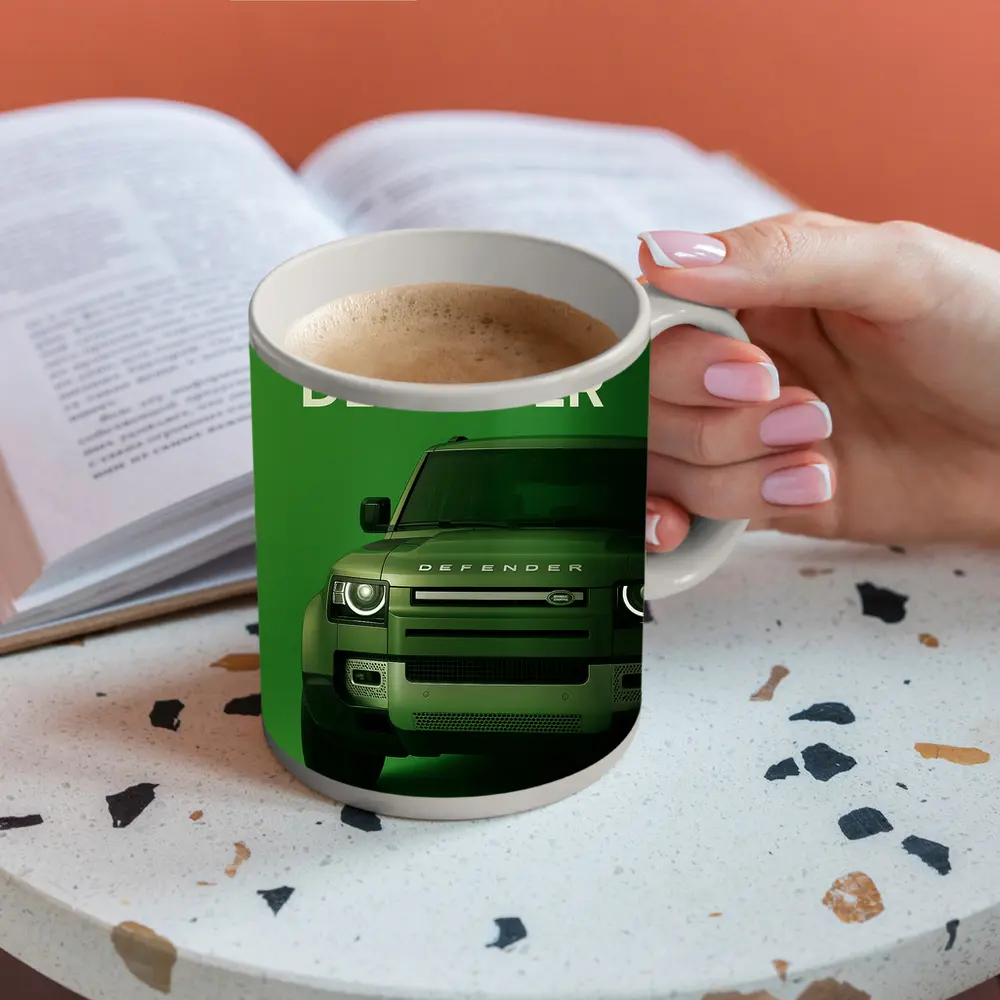 Land Rover Defender Front View Green Background – Mugs