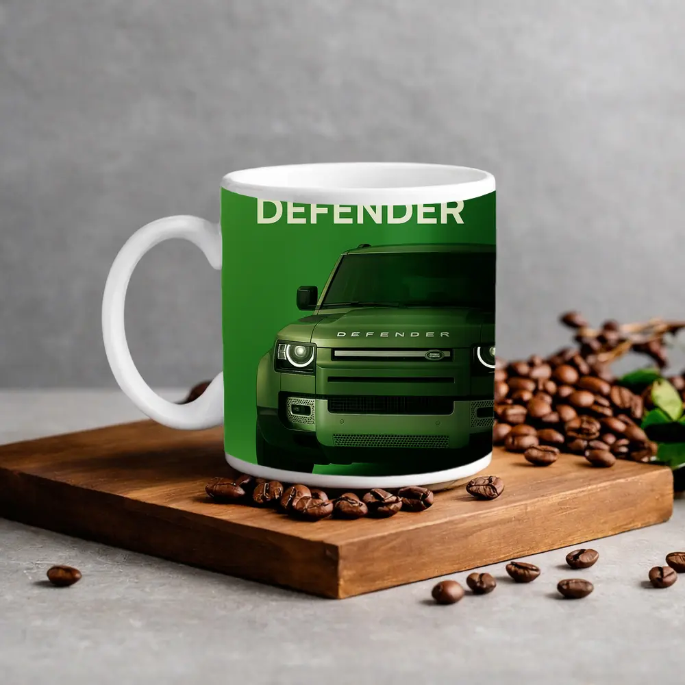 Land Rover Defender Front View Green Background – Mugs