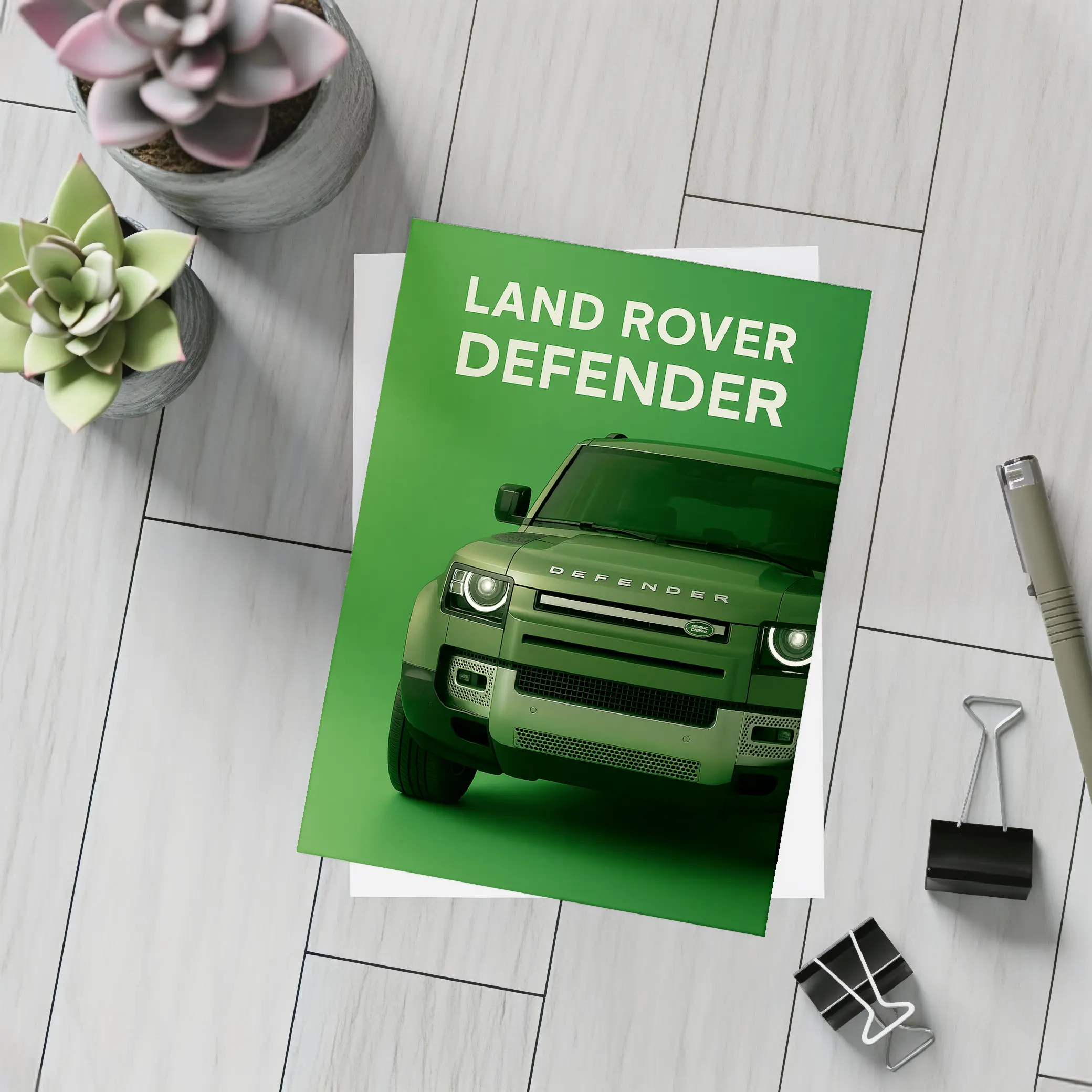 Land Rover Defender Front View Green Background – Postcards