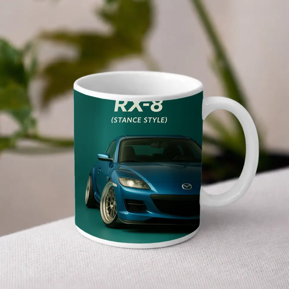 Mazda RX-8 Stance Style Teal Background – Mugs