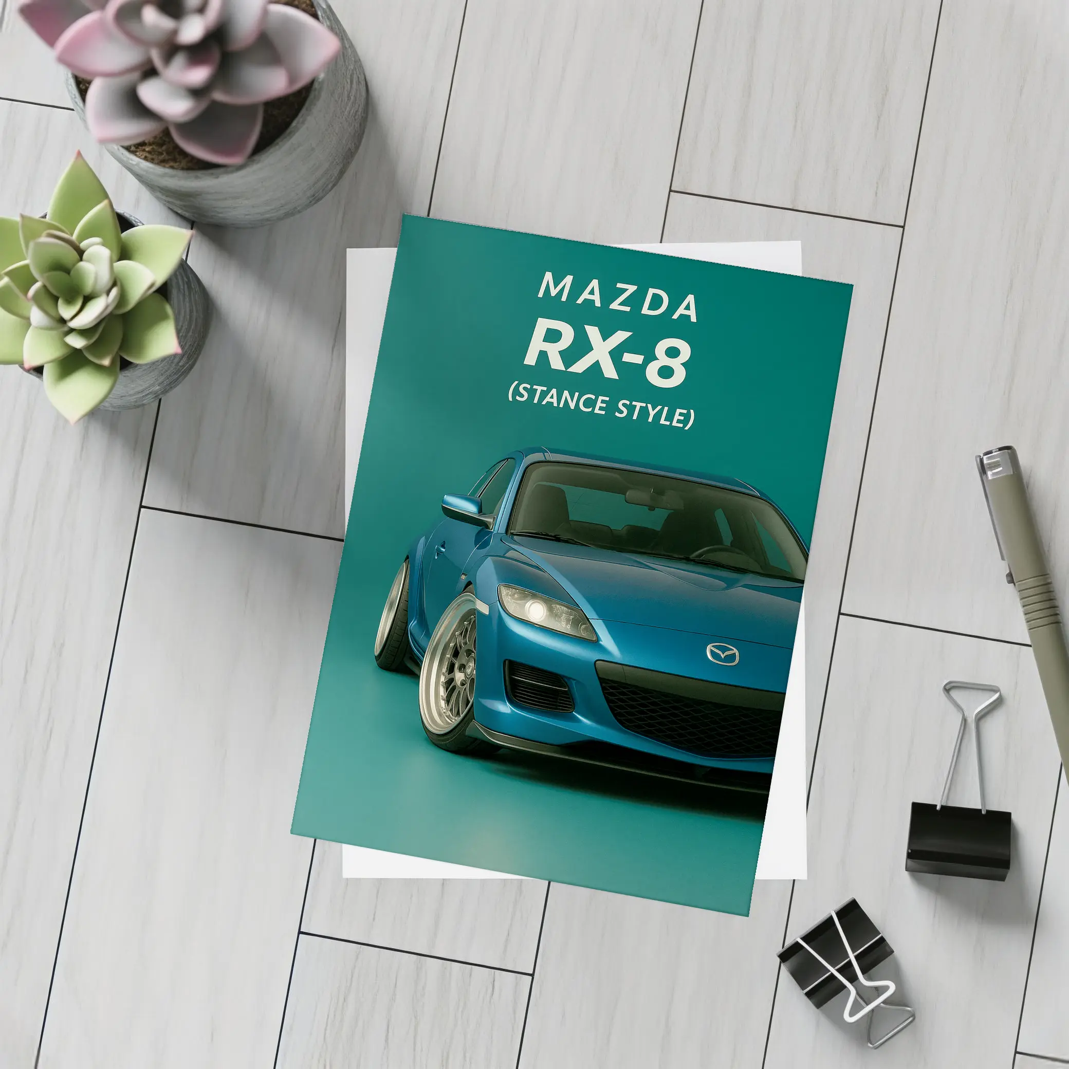 Mazda RX-8 Stance Style Teal Background – Postcards