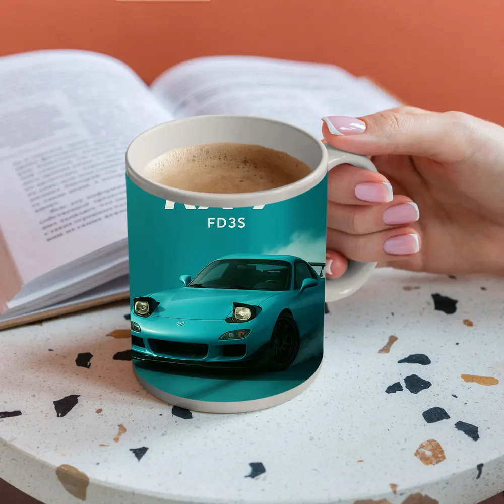 Mazda RX-7 FD3S Teal Drift Art – Mugs