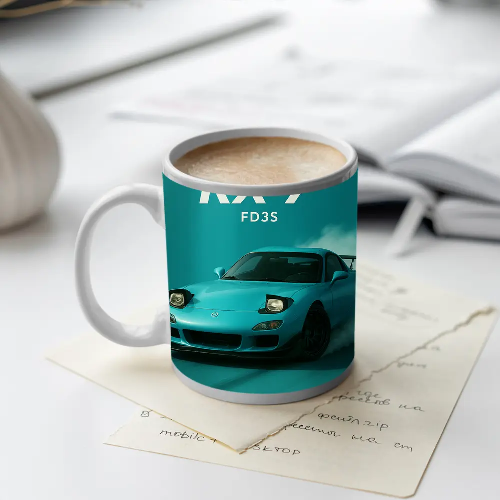 Mazda RX-7 FD3S Teal Drift Art – Mugs
