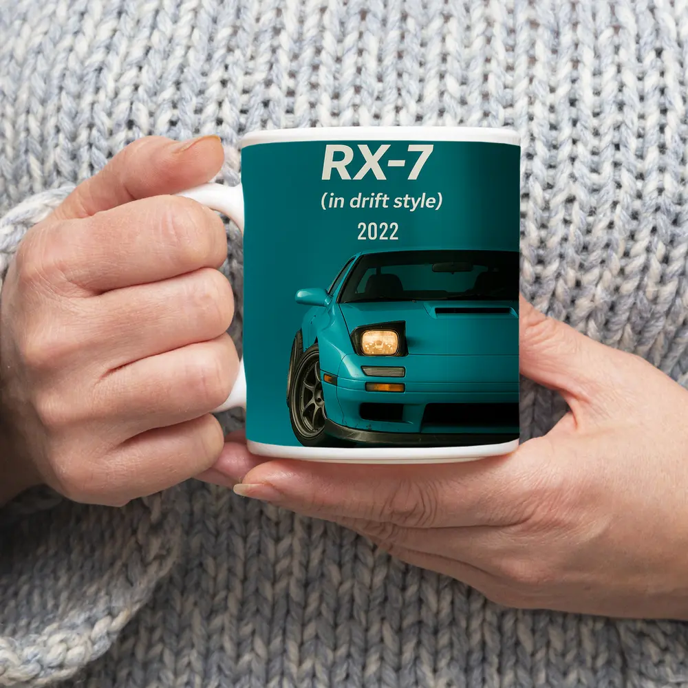 Mazda RX-7 Drift Style Teal Background Art – Mugs