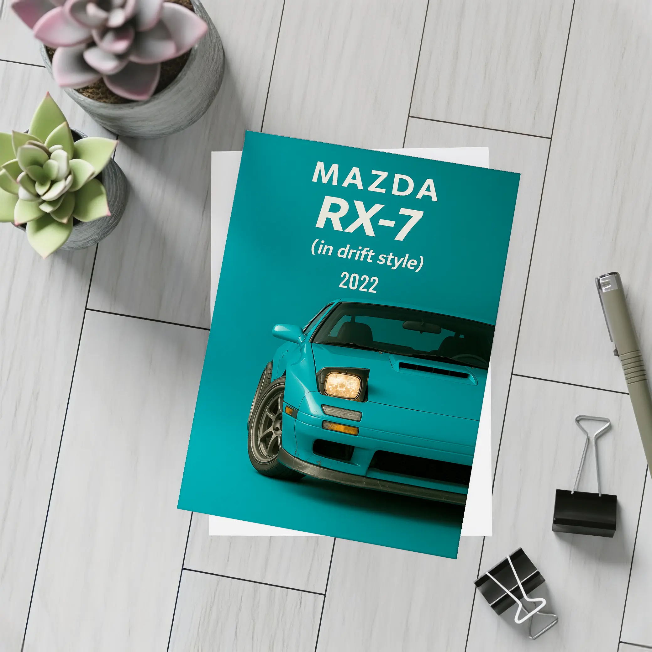 Mazda RX-7 Drift Style Teal Background Art – Postcards