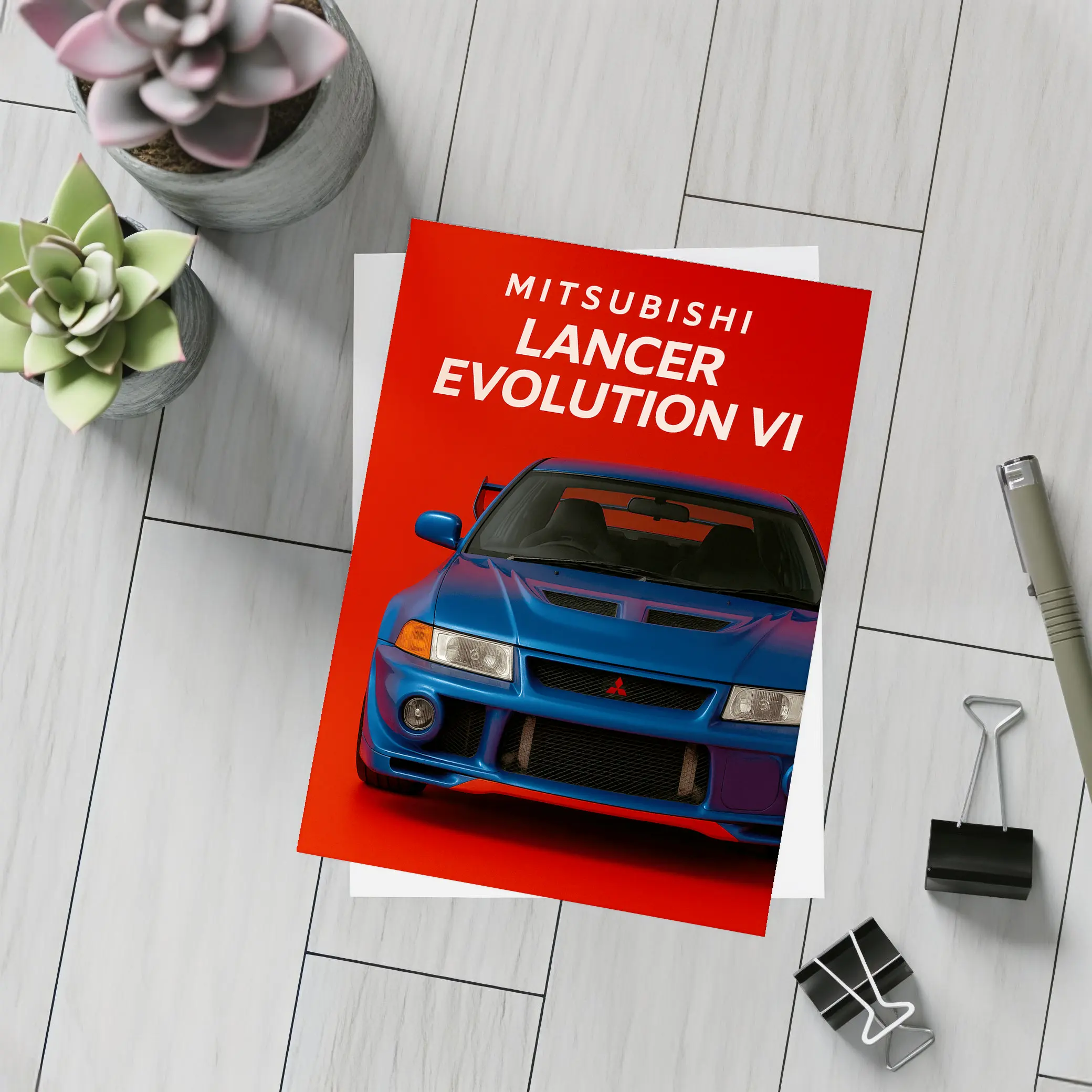 Mitsubishi Lancer Evolution VI Blue Red Background – Postcards