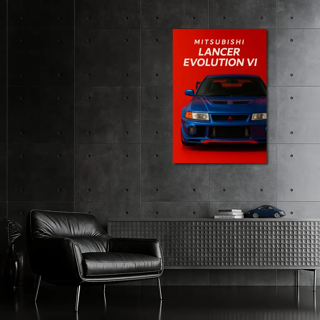 Mitsubishi Lancer Evolution VI Blue Red Background – Wall Art