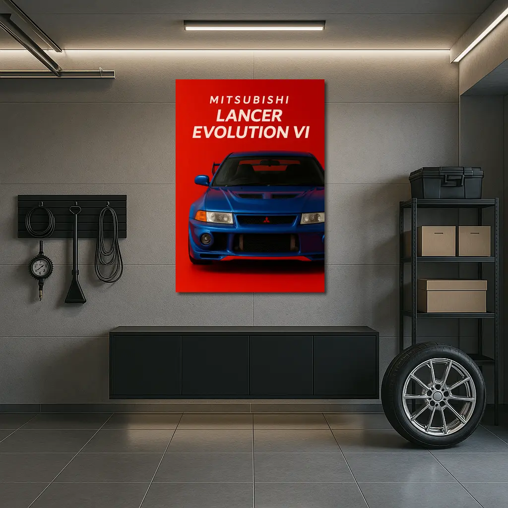Mitsubishi Lancer Evolution VI Blue Red Background – Wall Art