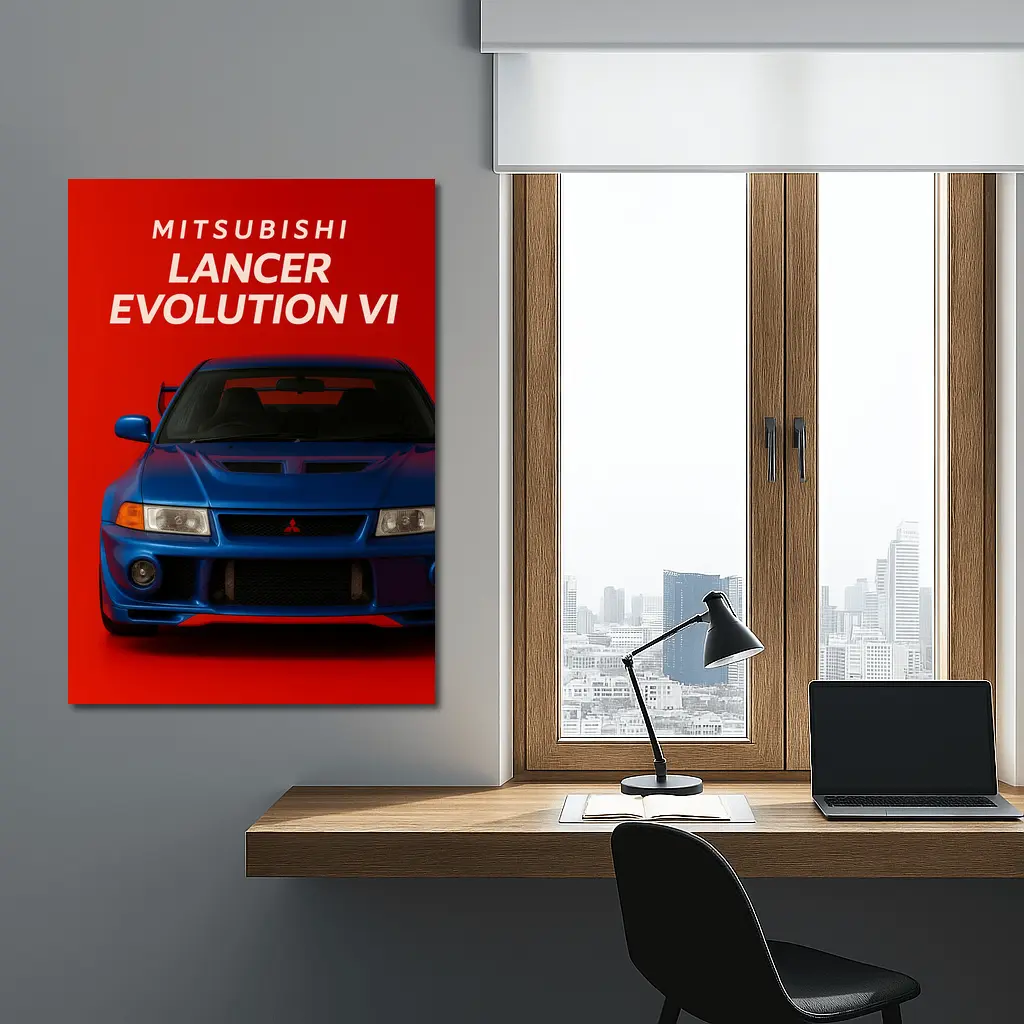 Mitsubishi Lancer Evolution VI Blue Red Background – Wall Art