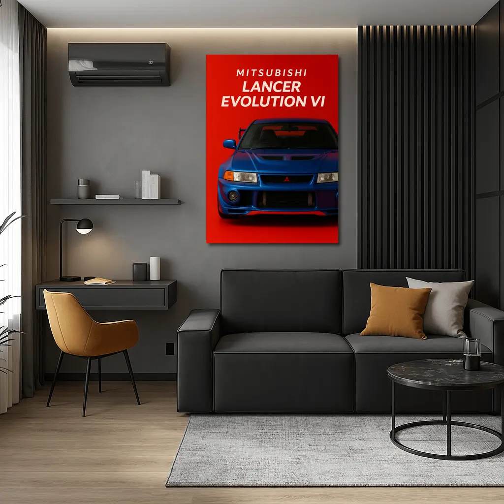 Mitsubishi Lancer Evolution VI Blue Red Background – Wall Art
