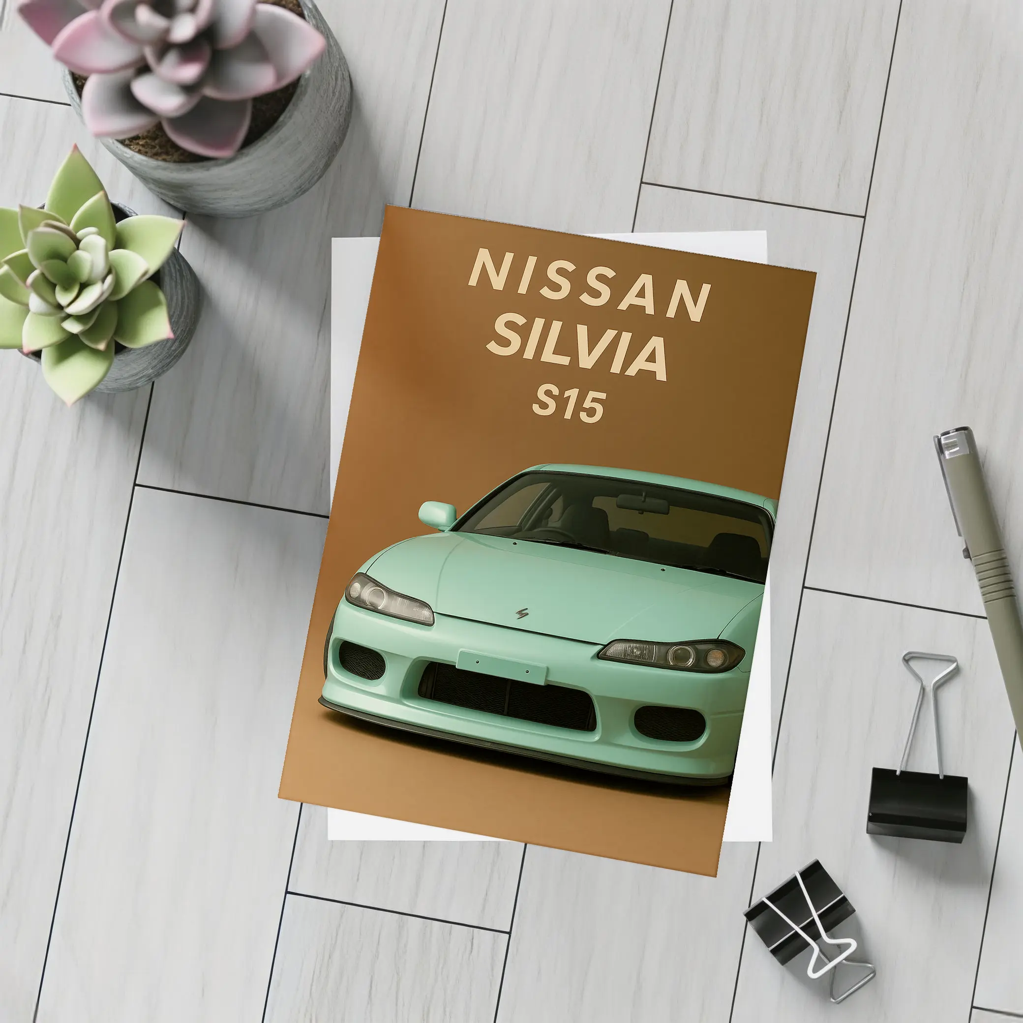 Nissan Silvia S15 Mint Green Brown Background – Postcards
