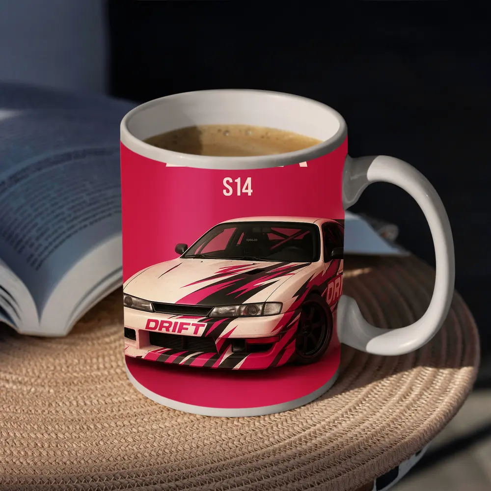 Nissan Silvia S14 Drift Car Pink Background – Mugs