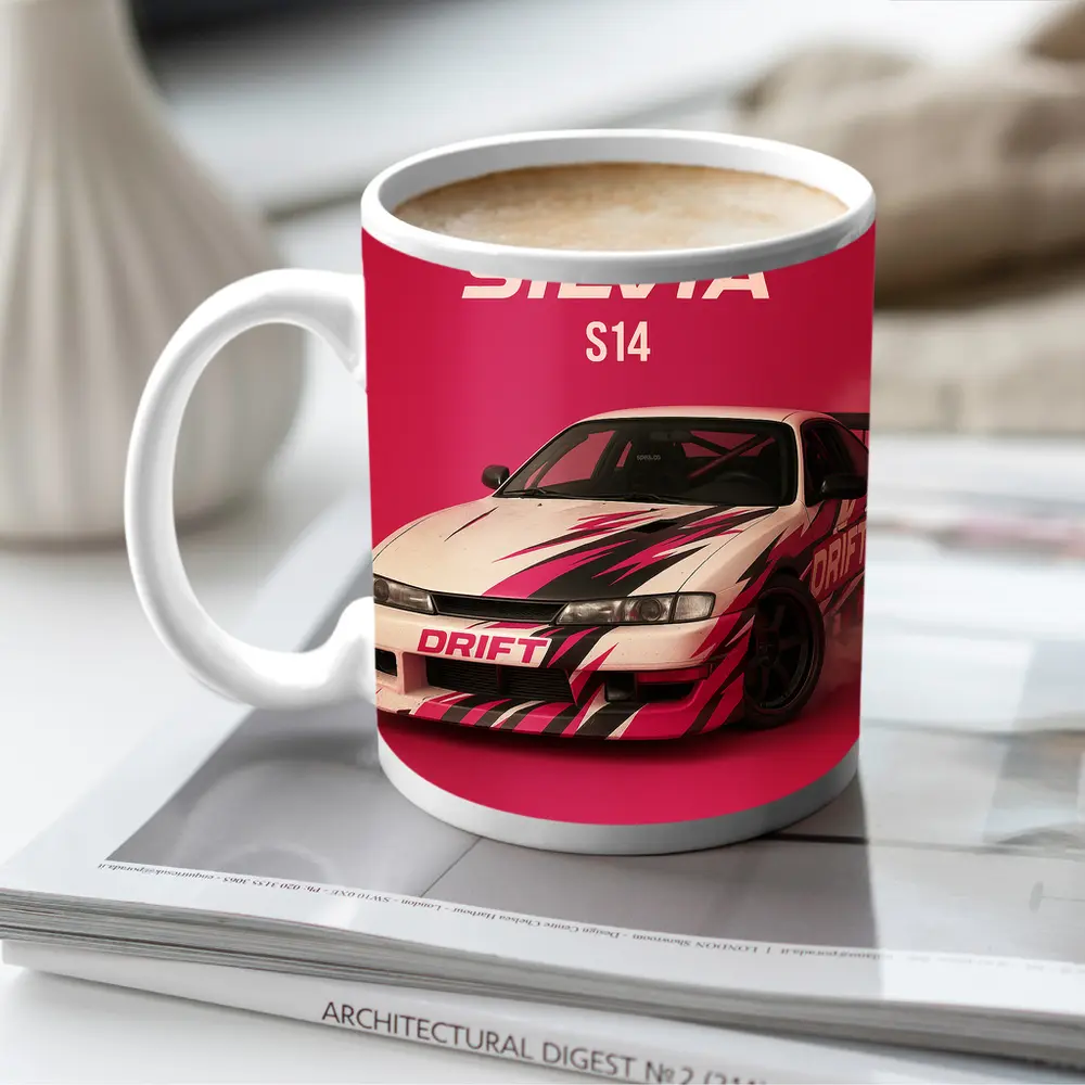 Nissan Silvia S14 Drift Car Pink Background – Mugs