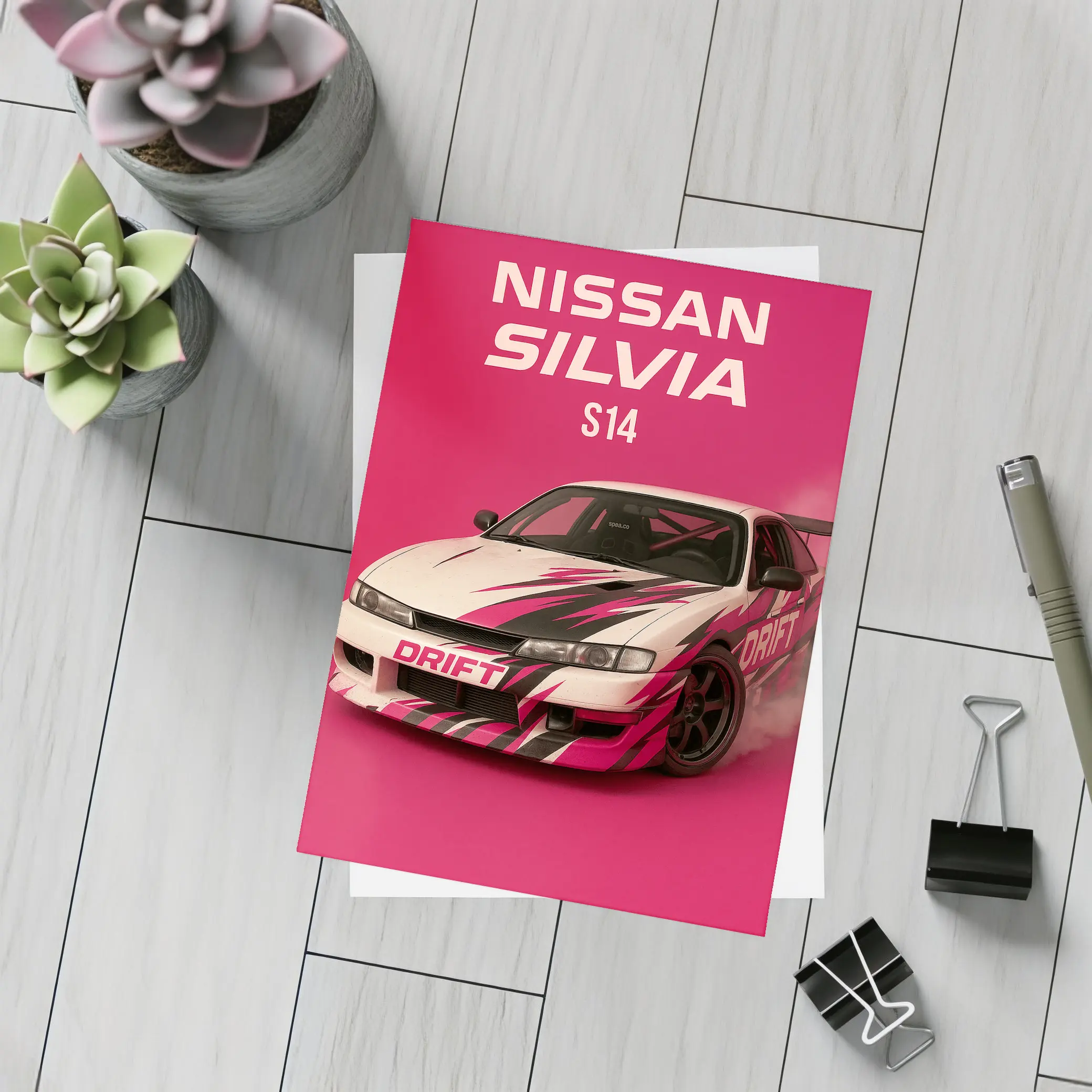 Nissan Silvia S14 Drift Car Pink Background – Postcards