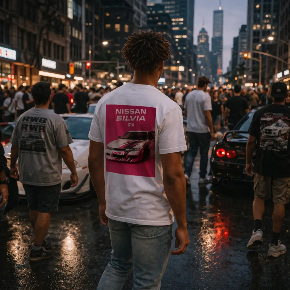 Nissan Silvia S14 Drift Car Pink Background – T-Shirts