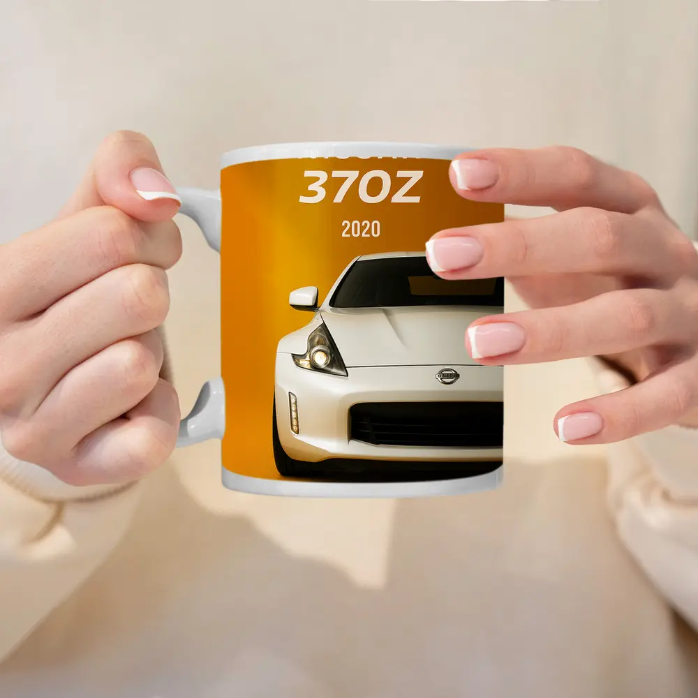 Nissan 370Z White Car Yellow Background – Mugs