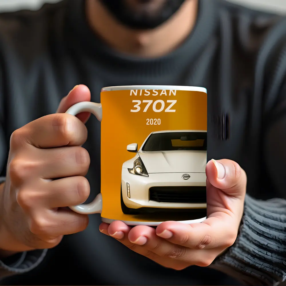 Nissan 370Z White Car Yellow Background – Mugs
