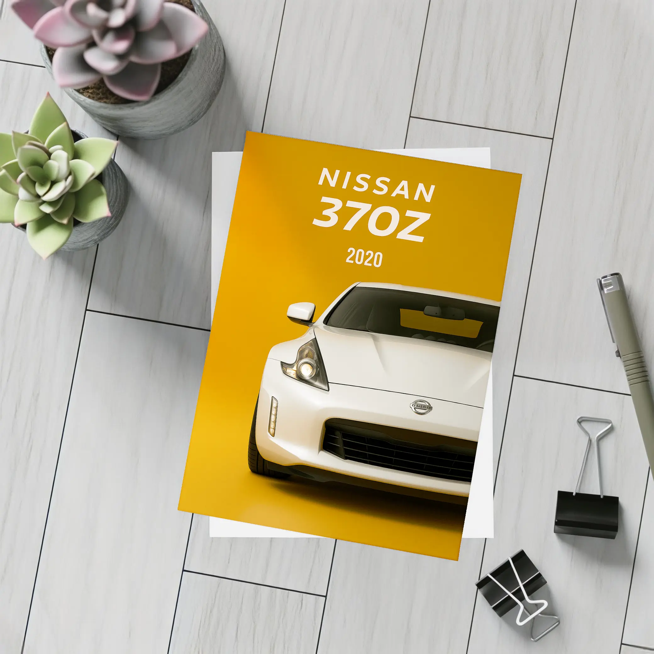 Nissan 370Z White Car Yellow Background – Postcards