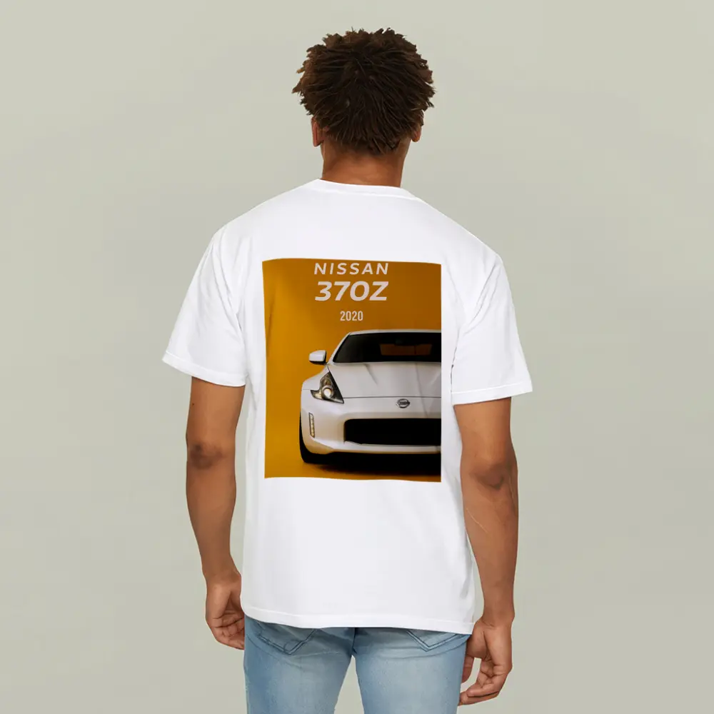 Nissan 370Z White Car Yellow Background – T-Shirts