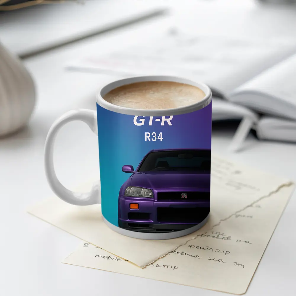 Nissan Skyline GT-R R34 Teal Purple Background – Mugs