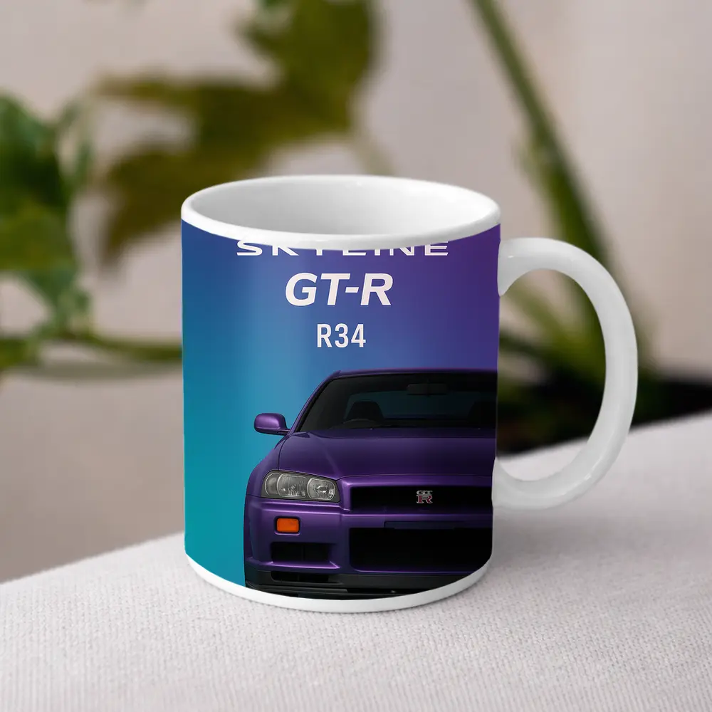 Nissan Skyline GT-R R34 Teal Purple Background – Mugs