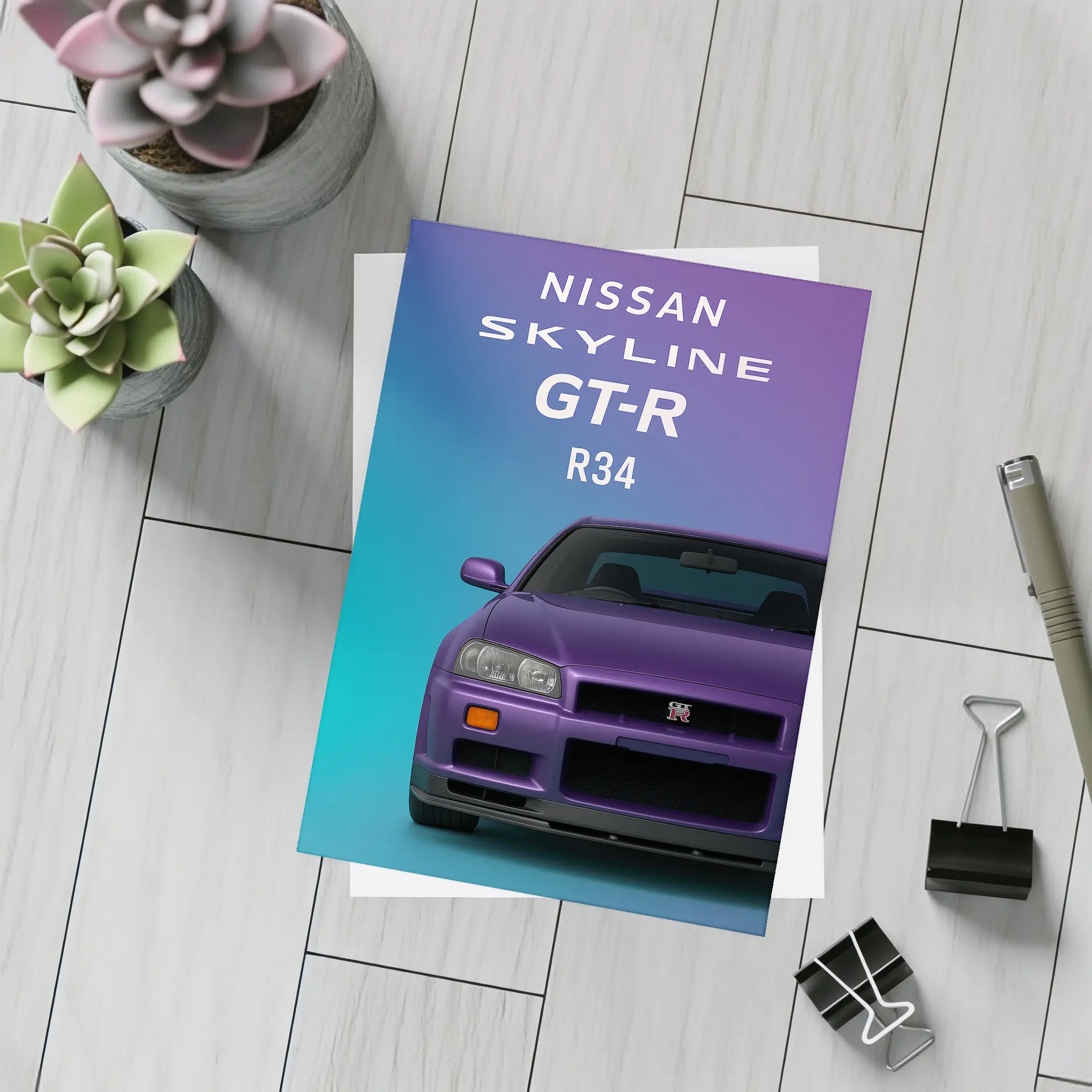 Nissan Skyline GT-R R34 Teal Purple Background – Postcards
