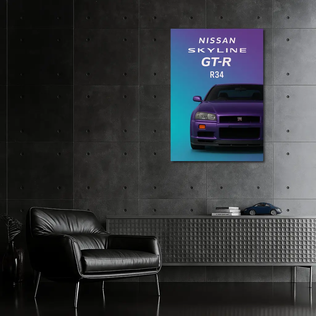 Nissan Skyline GT-R R34 Teal Purple Background – Wall Art