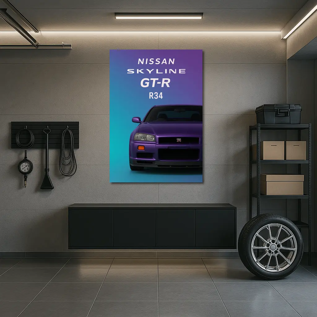Nissan Skyline GT-R R34 Teal Purple Background – Wall Art