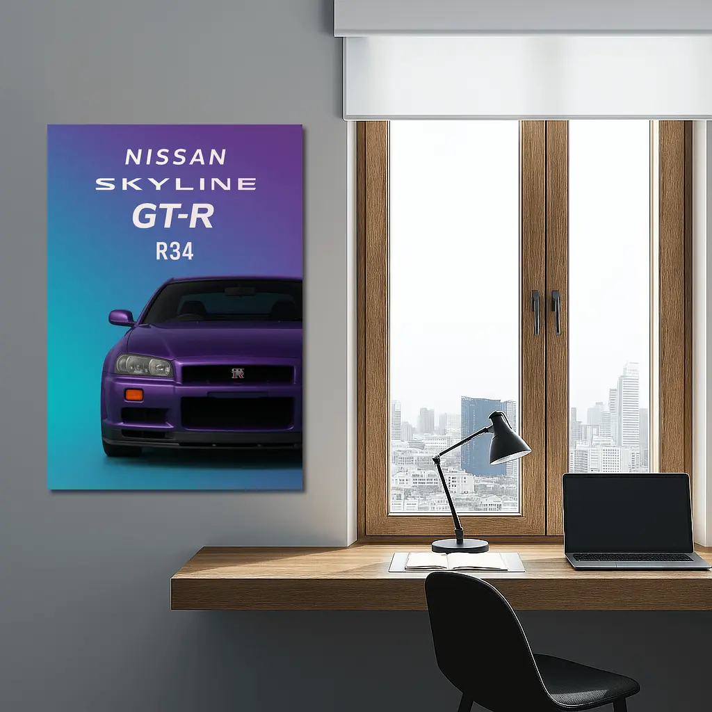 Nissan Skyline GT-R R34 Teal Purple Background – Wall Art