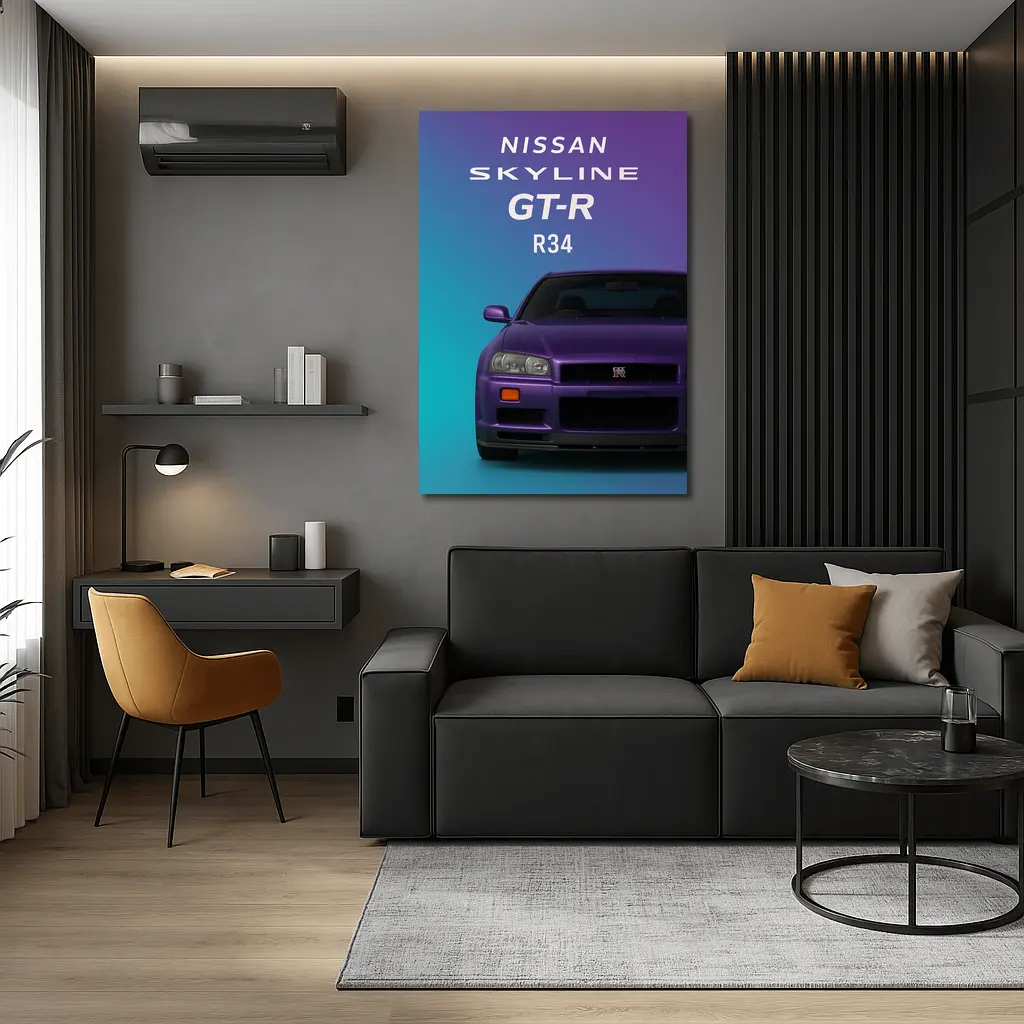 Nissan Skyline GT-R R34 Teal Purple Background – Wall Art