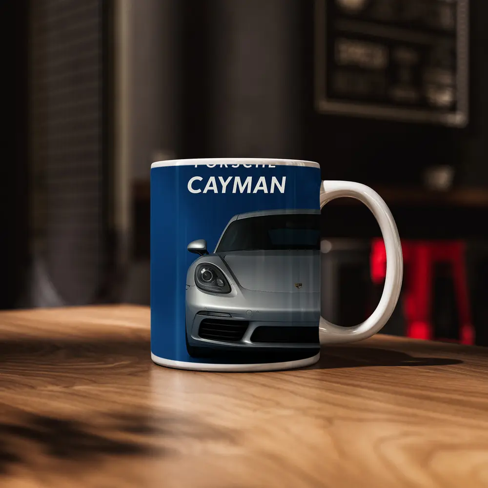 Porsche Cayman Silver Front View Blue Background – Mugs