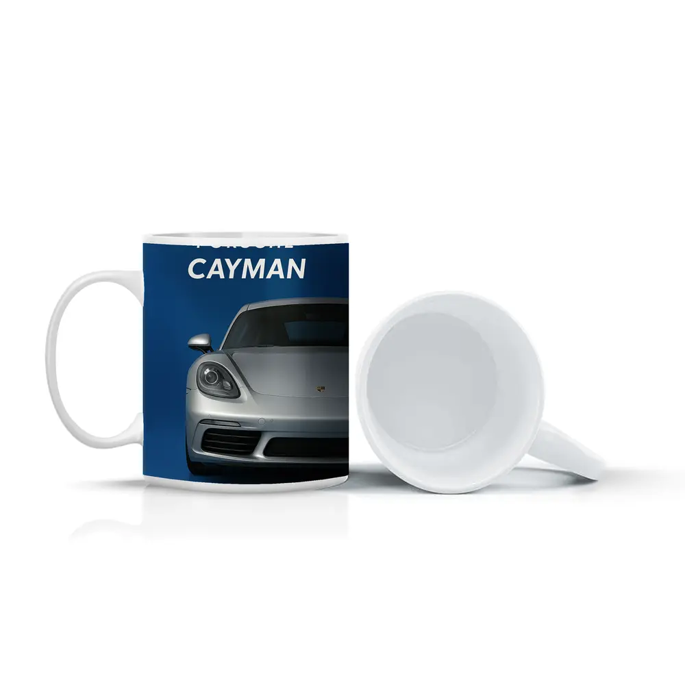 Porsche Cayman Silver Front View Blue Background – Mugs