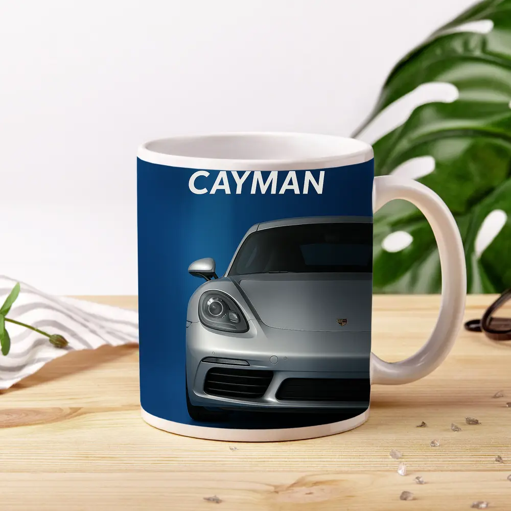 Porsche Cayman Silver Front View Blue Background – Mugs