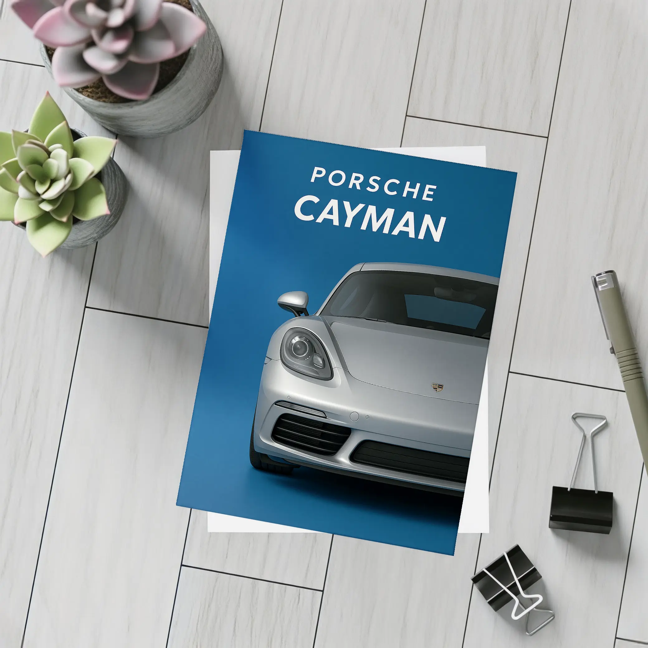 Porsche Cayman Silver Front View Blue Background – Postcards