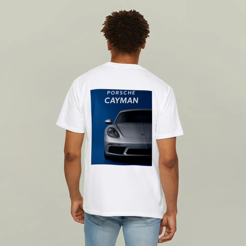 Porsche Cayman Silver Front View Blue Background – T-Shirts