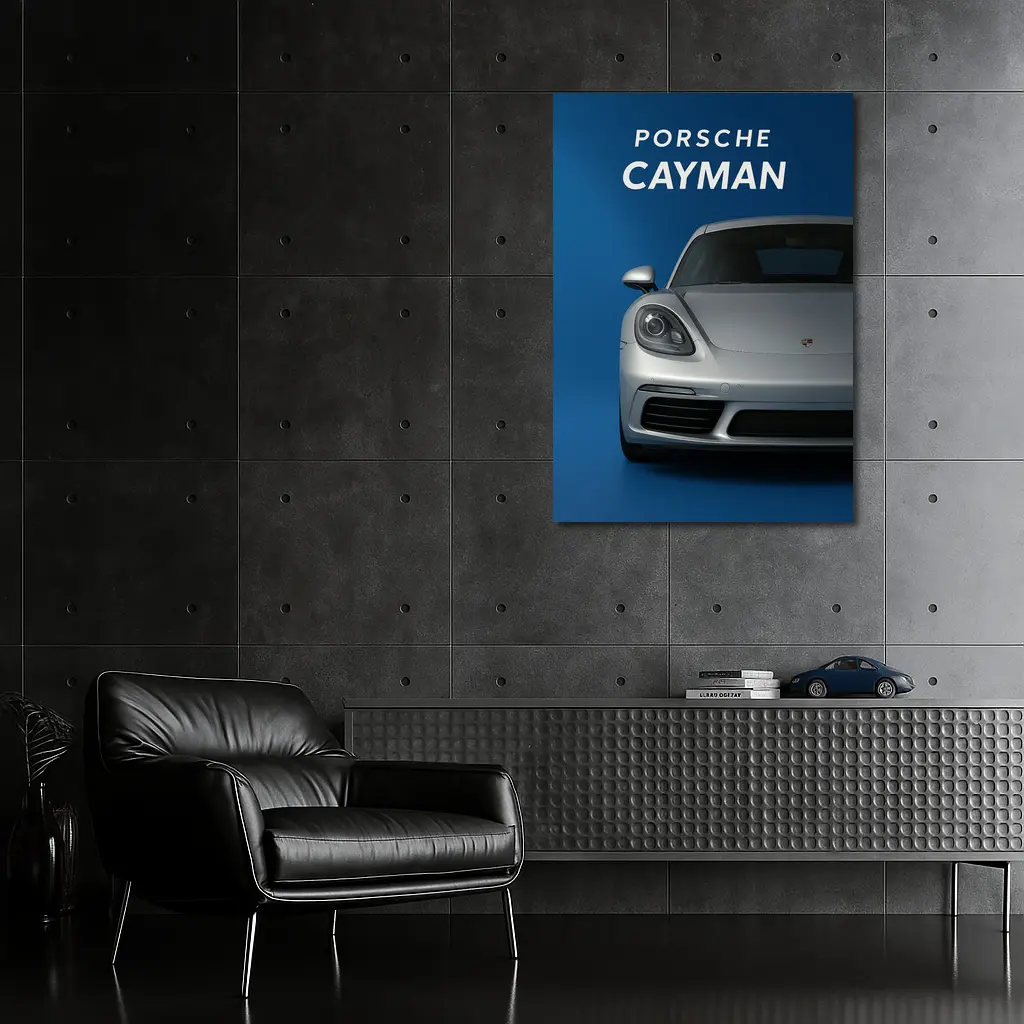 Porsche Cayman Silver Front View Blue Background – Wall Art