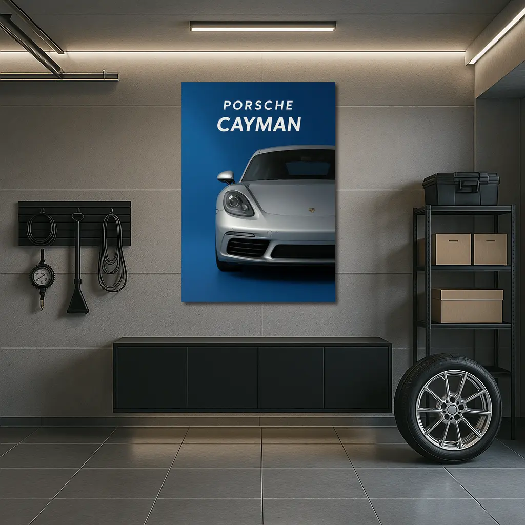 Porsche Cayman Silver Front View Blue Background – Wall Art