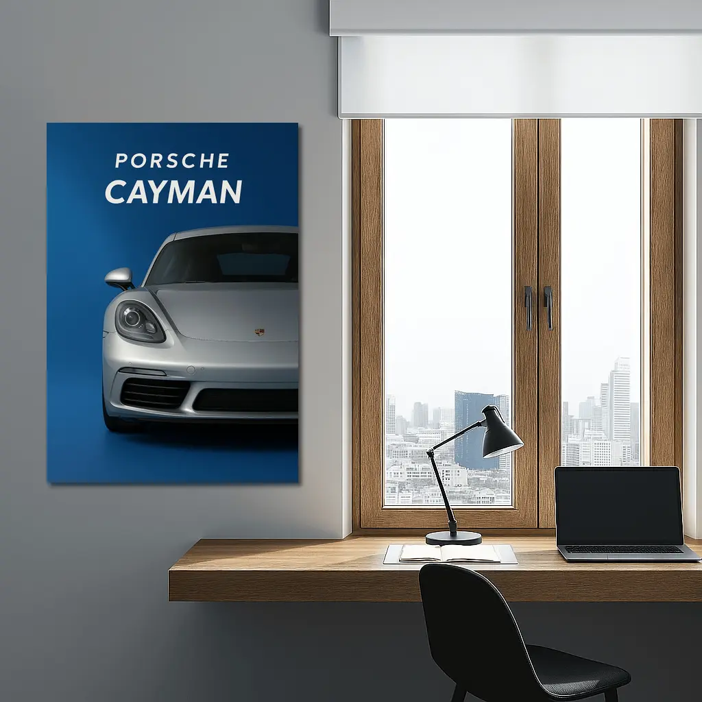 Porsche Cayman Silver Front View Blue Background – Wall Art