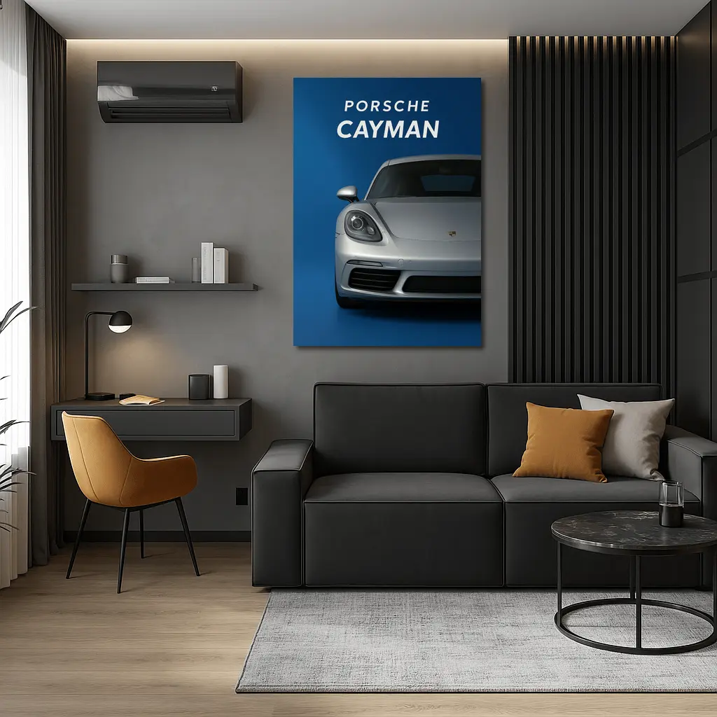Porsche Cayman Silver Front View Blue Background – Wall Art