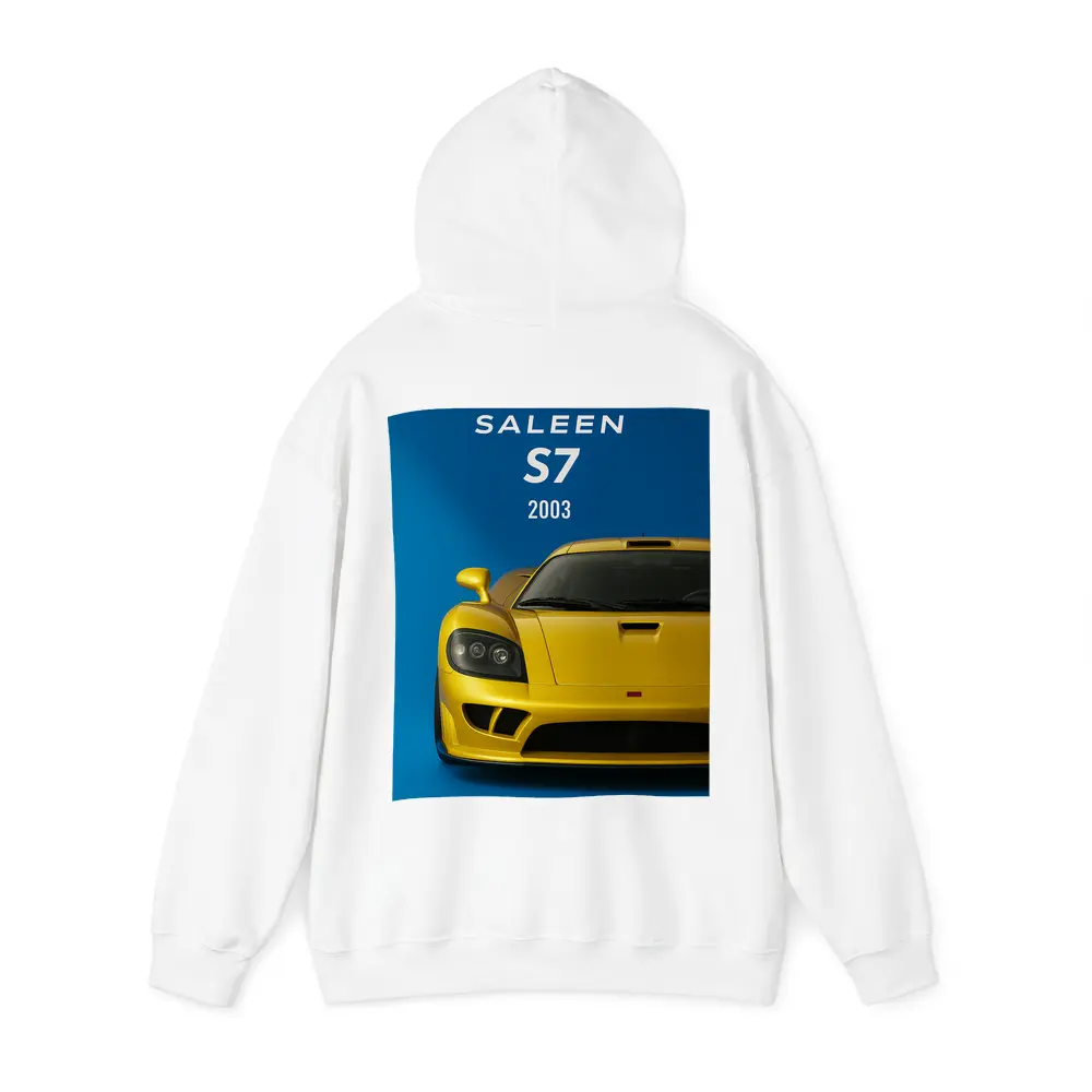 Saleen S7 Yellow Supercar Blue Background – Hoodies