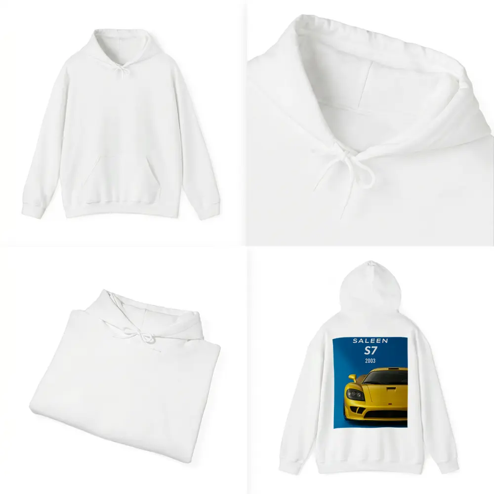 Saleen S7 Yellow Supercar Blue Background – Hoodies