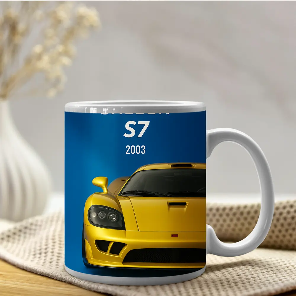 Saleen S7 Yellow Supercar Blue Background – Mugs