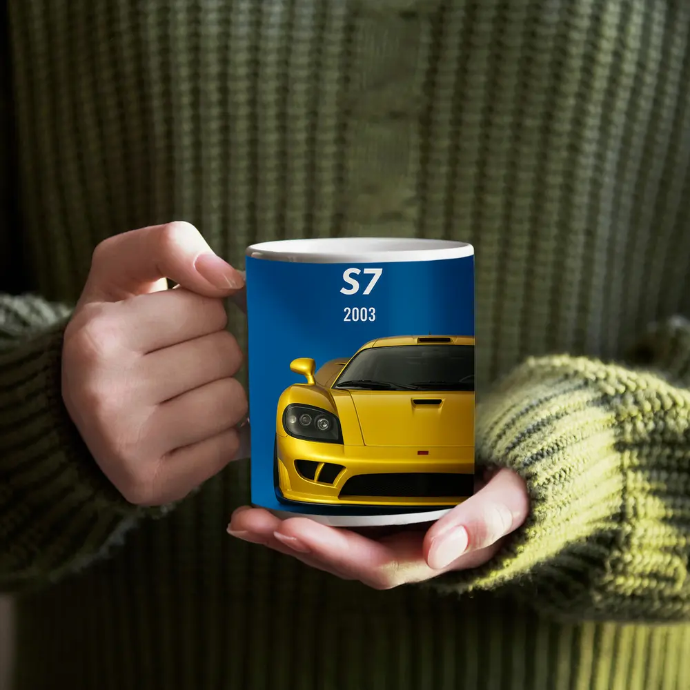 Saleen S7 Yellow Supercar Blue Background – Mugs