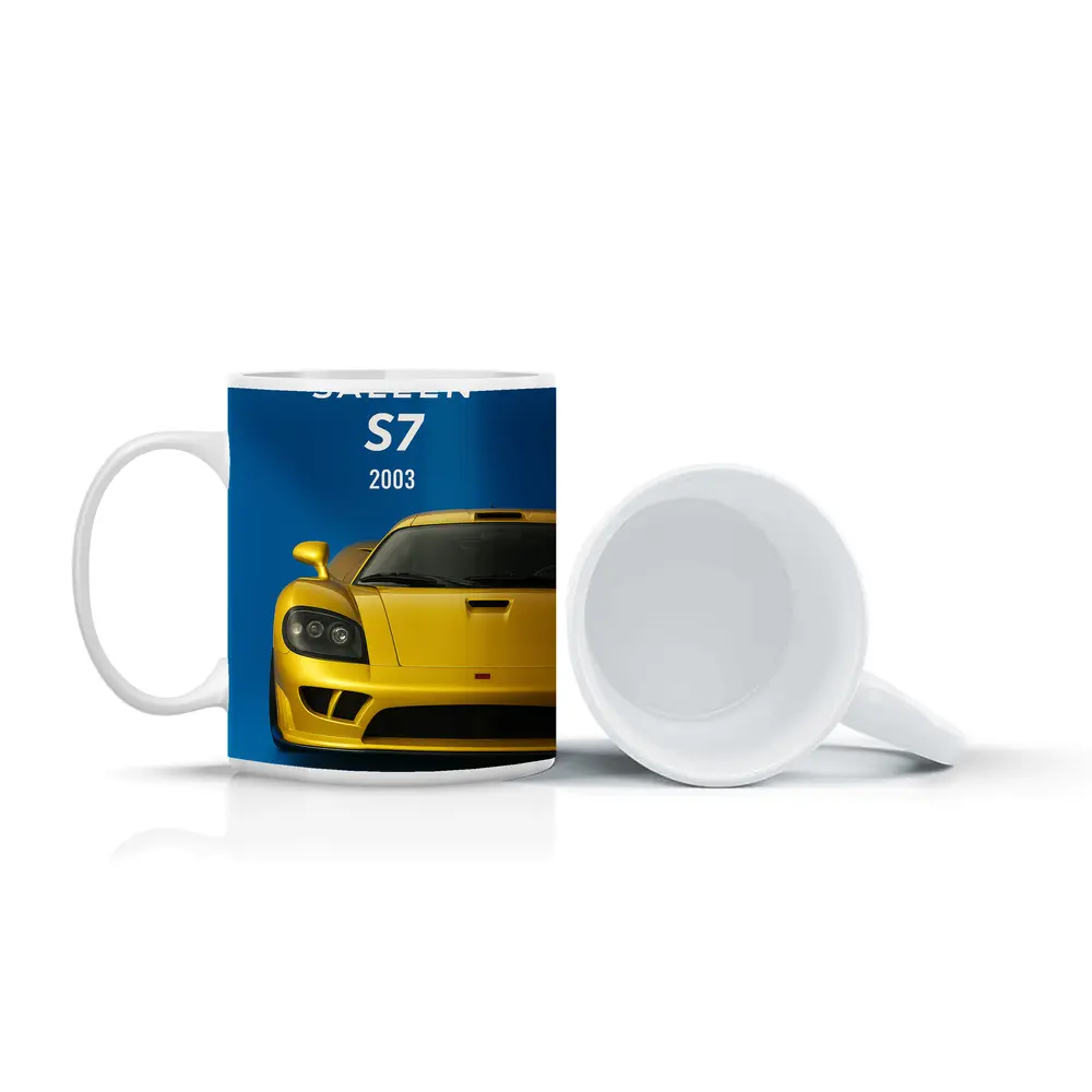Saleen S7 Yellow Supercar Blue Background – Mugs