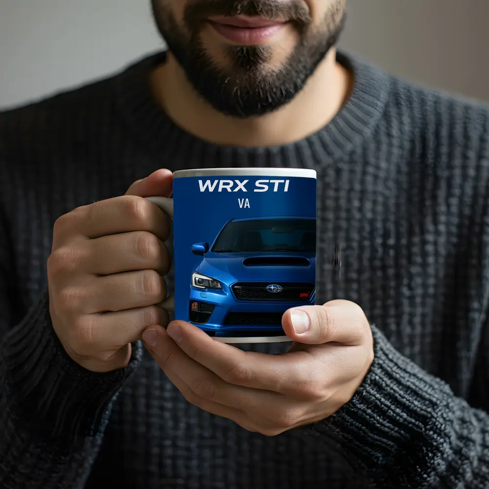 Subaru WRX STI Front View Blue Background – Mugs